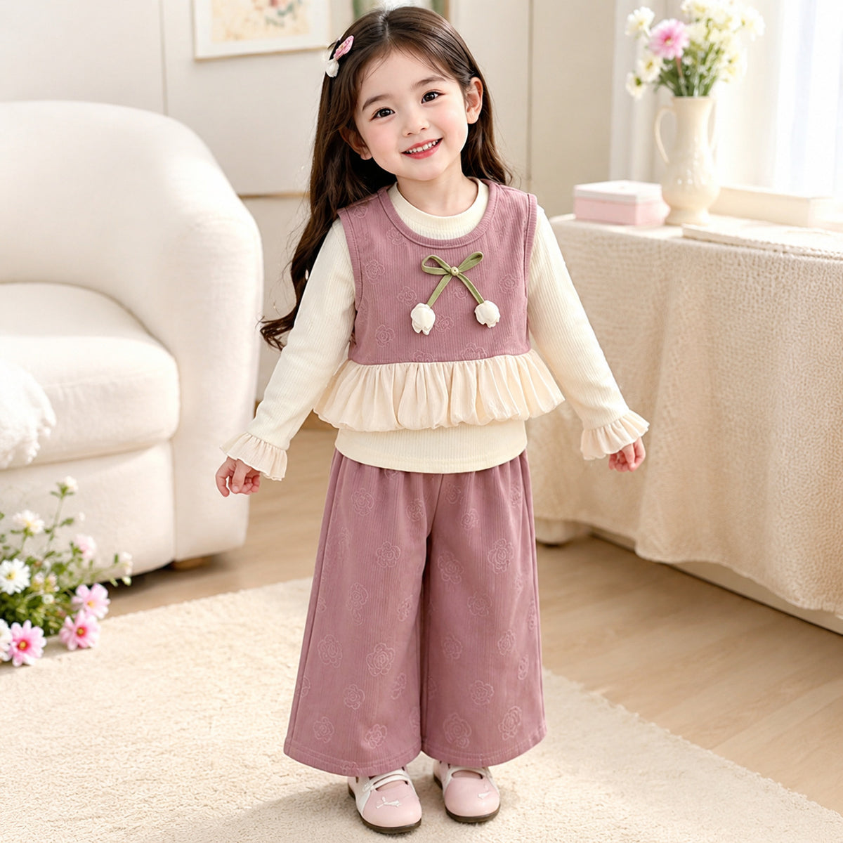 Dusty Pink Bow Vest & Flared Pants Set – TYM-CXM-033