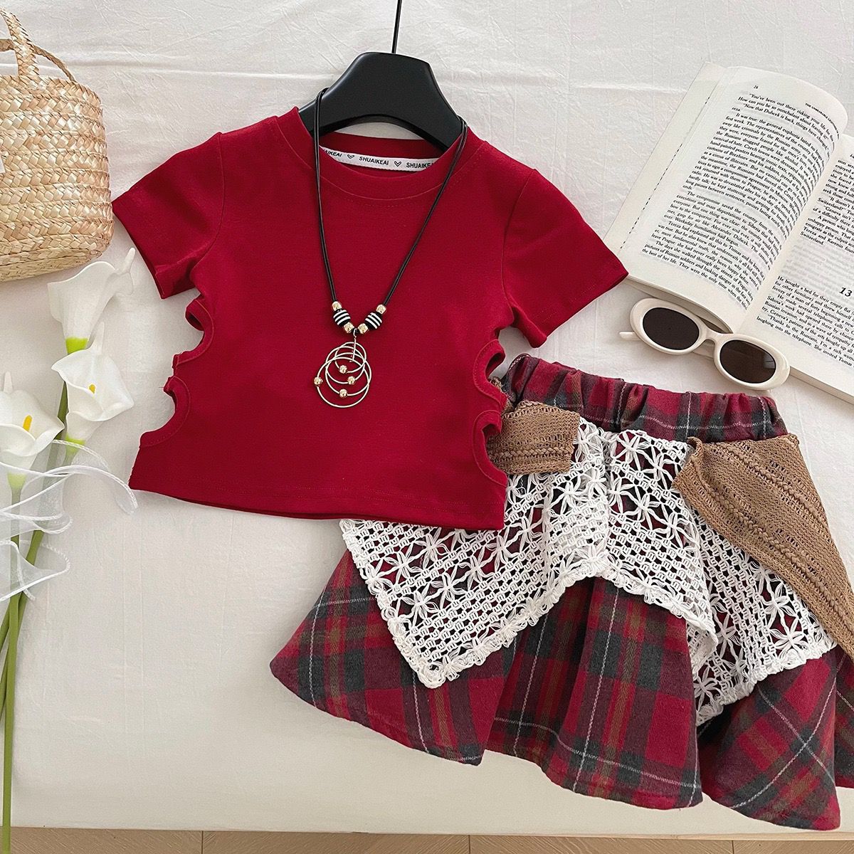 Red Cut-Out Top and Plaid Layered Skirt Set – TYM-YWL-001