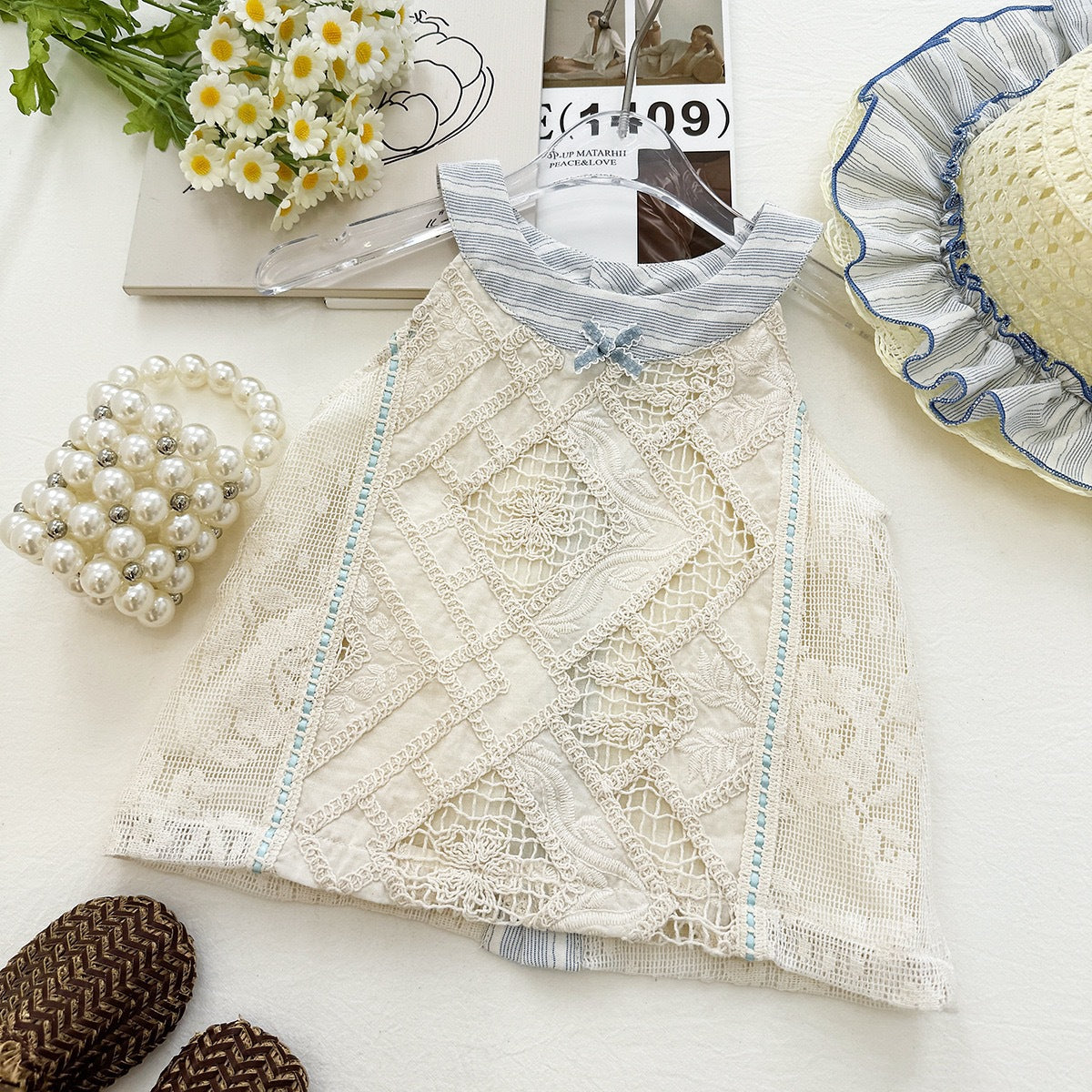 Cream Lace Patchwork Top with Blue Stripe Collar – TYM-YWL-059