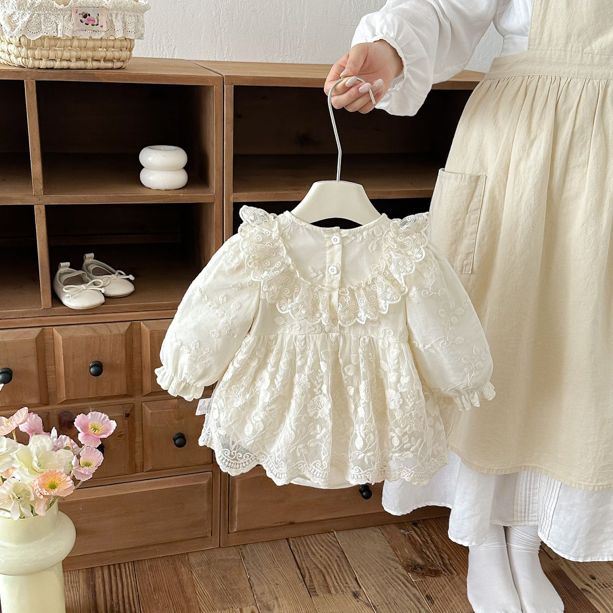 Ivory Embroidered Lace Ruffle Bow Romper – TYM-FCN-018