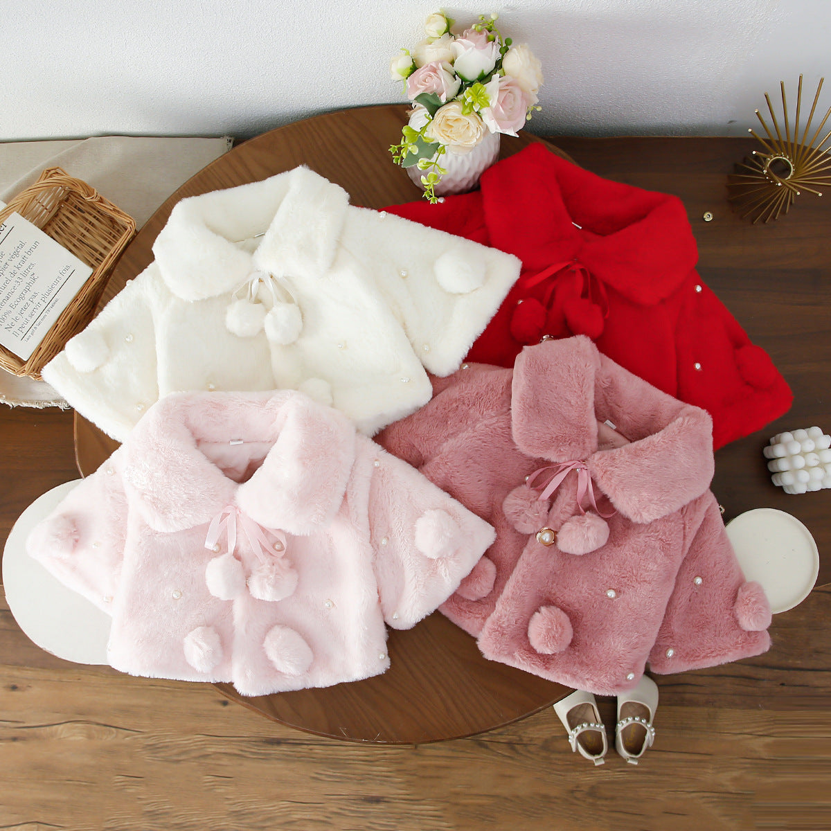 Light Pink Plush Pom-Pom Pearl Cape – TYM-WZX-058