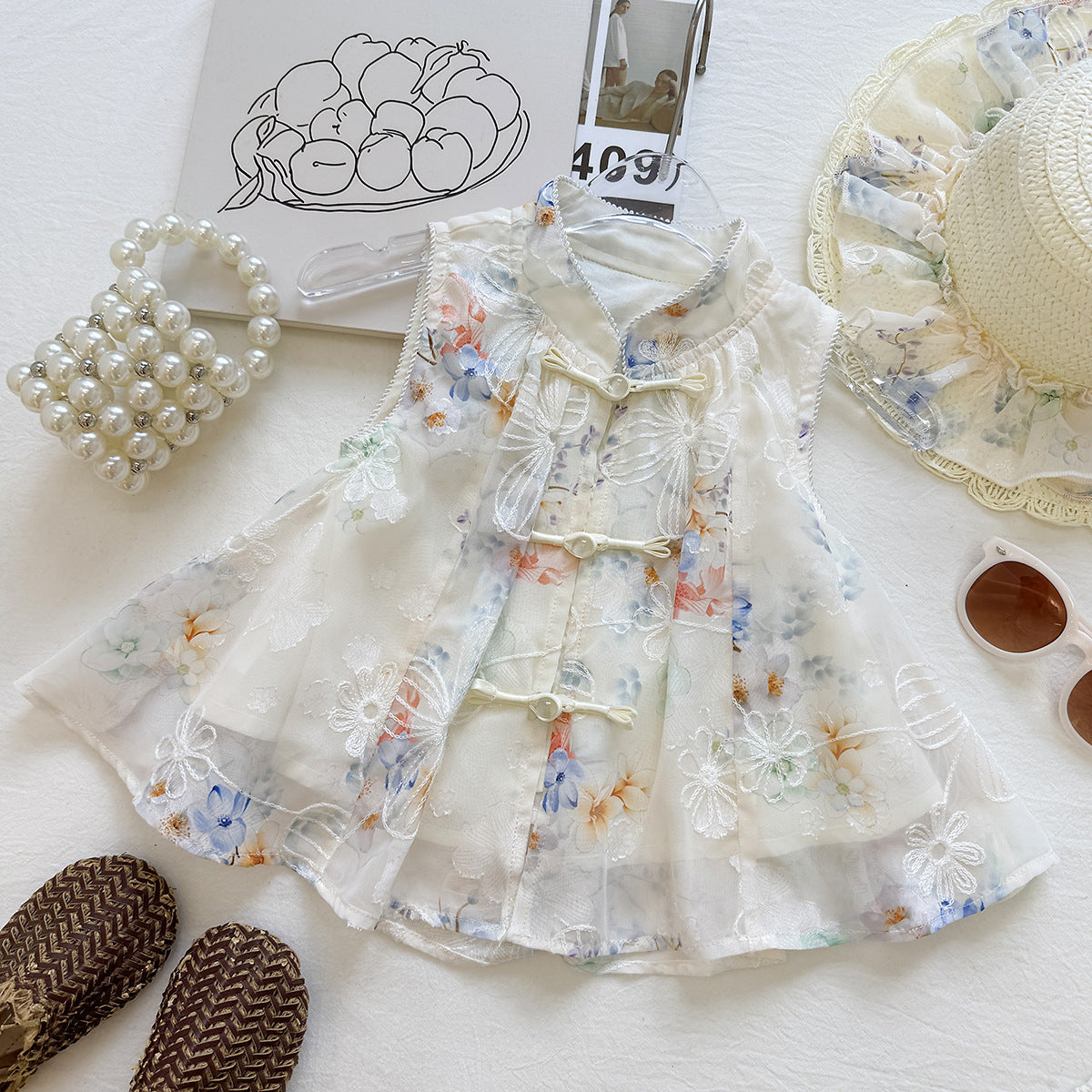 Cream Watercolour Floral Mandarin Frog Button Top – TYM-YWL-050