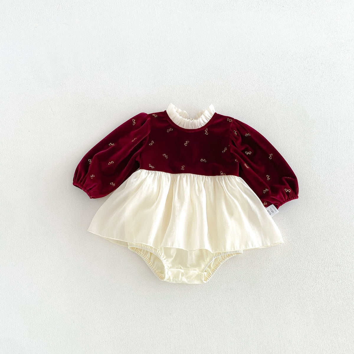 Wine Red Velvet Bow Print Skirted Romper – TYM-FCN-006