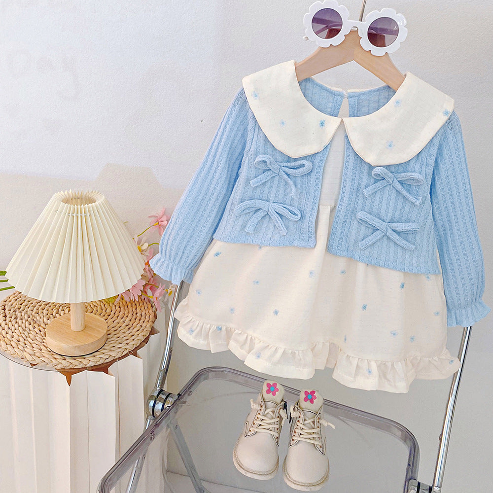 Sky Blue Bow Cardigan & Cream Dotted Frock – TYM-CXM-064