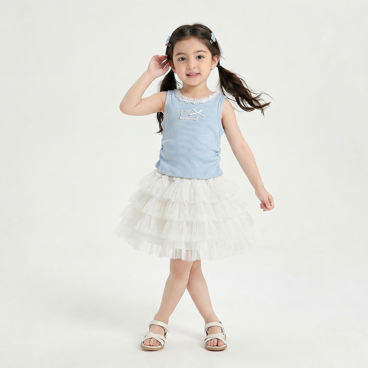 Blue Ribbed Top and White Tiered Tulle Skirt Set – TYM-YWL-017