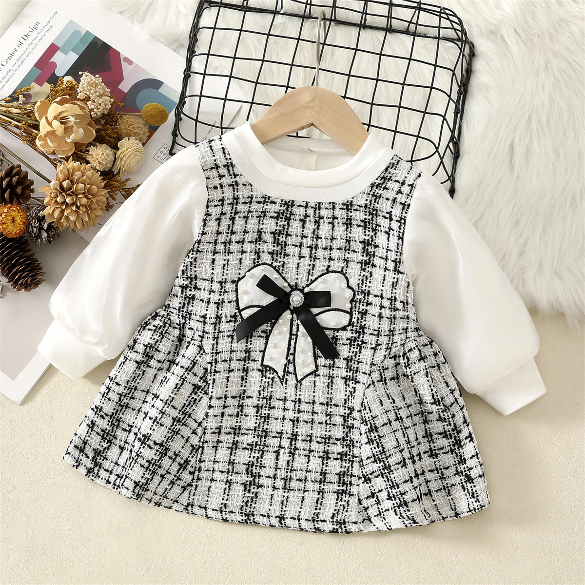 White Tweed Pearl Bow Long Sleeve Frock – TYM-WZX-047