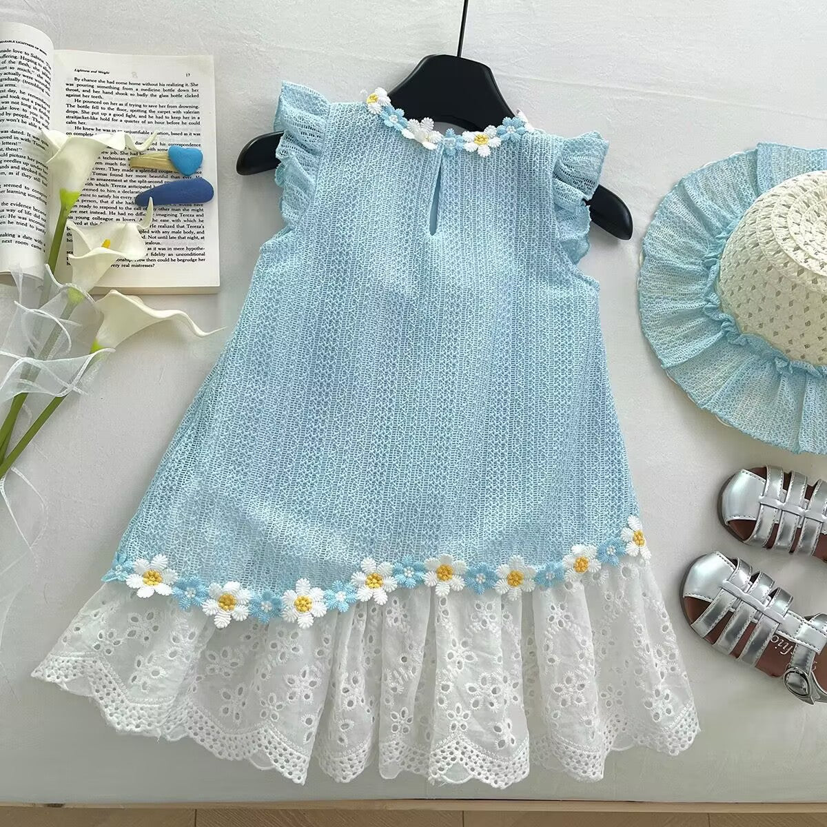 Casual Frock – sky blue daisy trim frock