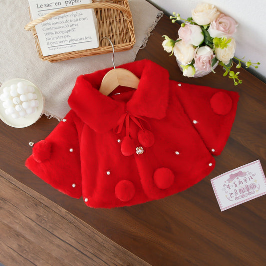 Red Plush Pom-Pom Pearl Cape – TYM-WZX-055