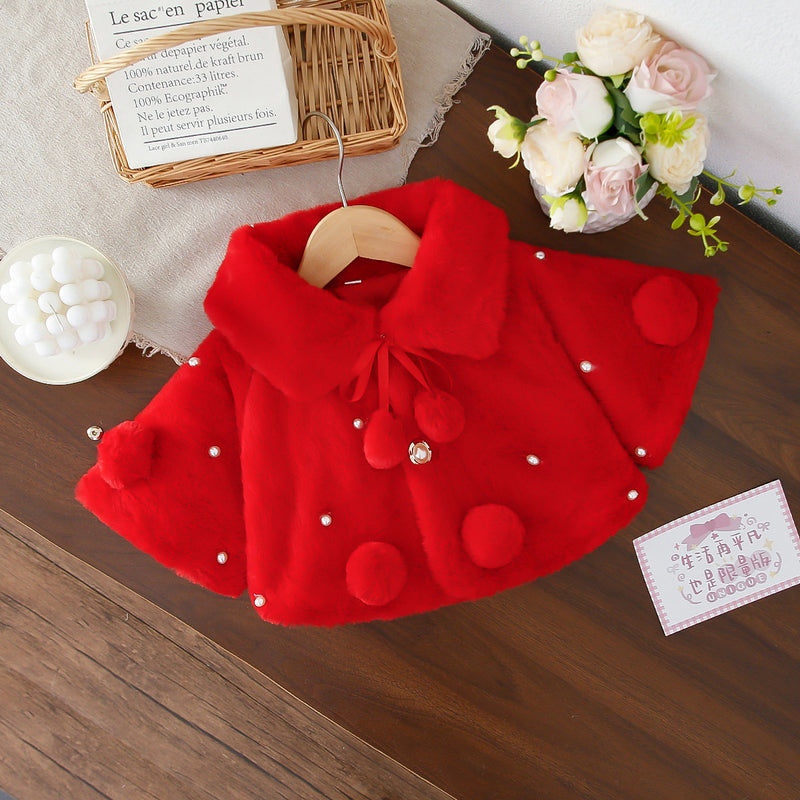 Red Plush Pom-Pom Pearl Cape – TYM-WZX-055