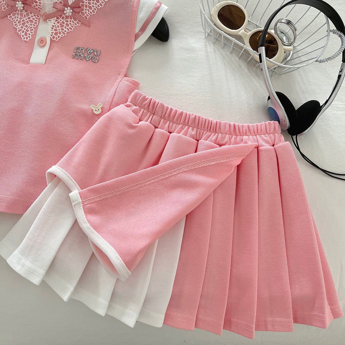Pink Heart Back Bow Top and Pleated Skort Set – TYM-YWL-018