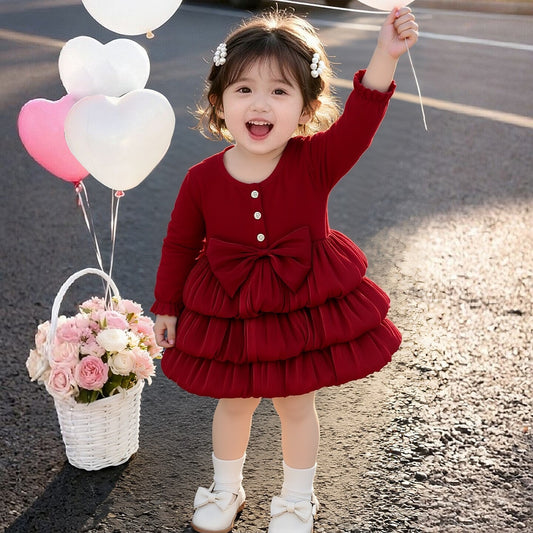 Wine Red Bow Tiered Frock – TYM-CXM-052
