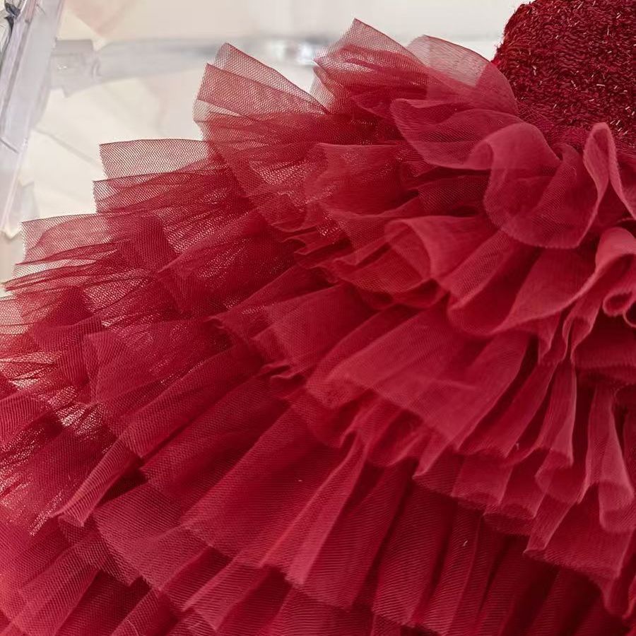 Red Glitter Bow Tiered Tulle Frock – TYM-CXM-084