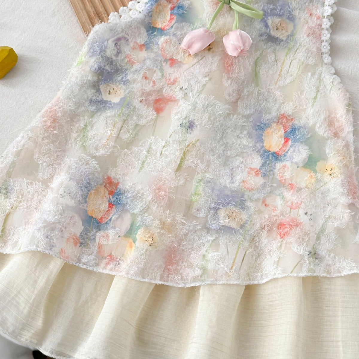 Cream Pastel Floral Textured Layered Frock – TYM-YWL-012