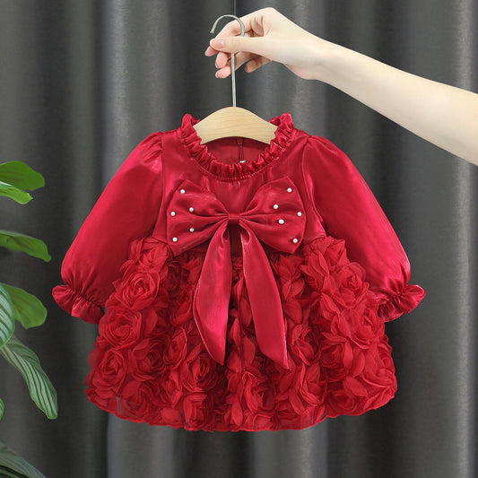 Red Rosette Pearl Bow Long Sleeve Frock – TYM-WZX-064