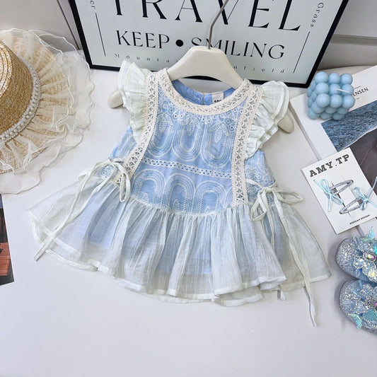 Blue Embroidered Frock with White Sheer Overlay – TYM-YWL-011