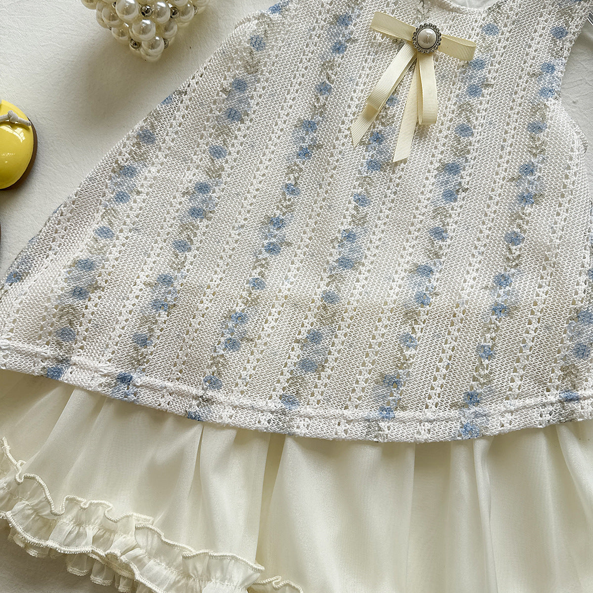 White and Blue Floral Lace Ribbon Bow Frock – TYM-YWL-058