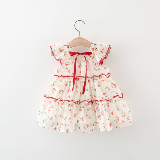 Cream Cherry Print Tiered Summer Frock – TYM-TZO-005