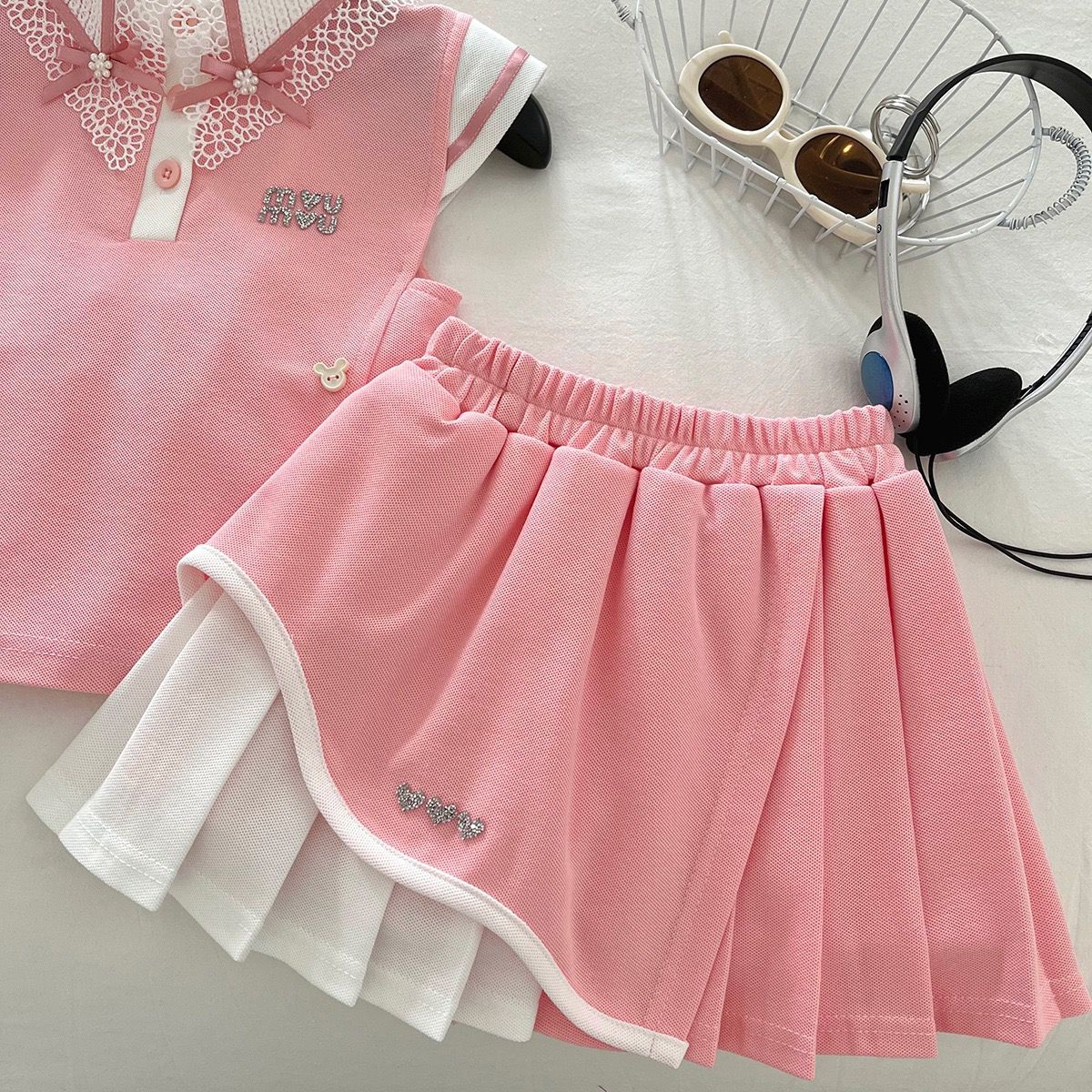 Pink Heart Back Bow Top and Pleated Skort Set – TYM-YWL-018