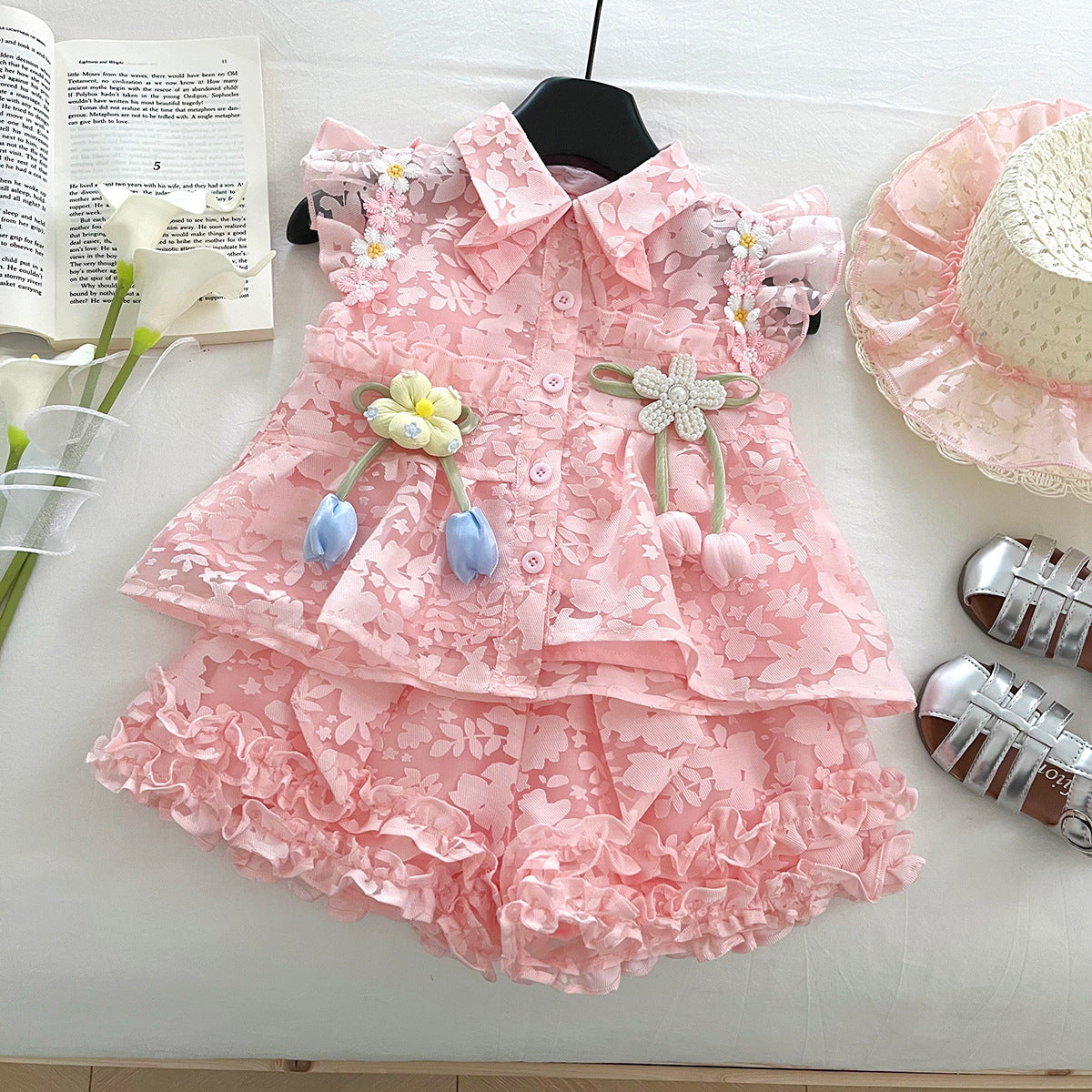 Pink Floral Jacquard Top & Ruffle Shorts Set – TYM-WOP-002