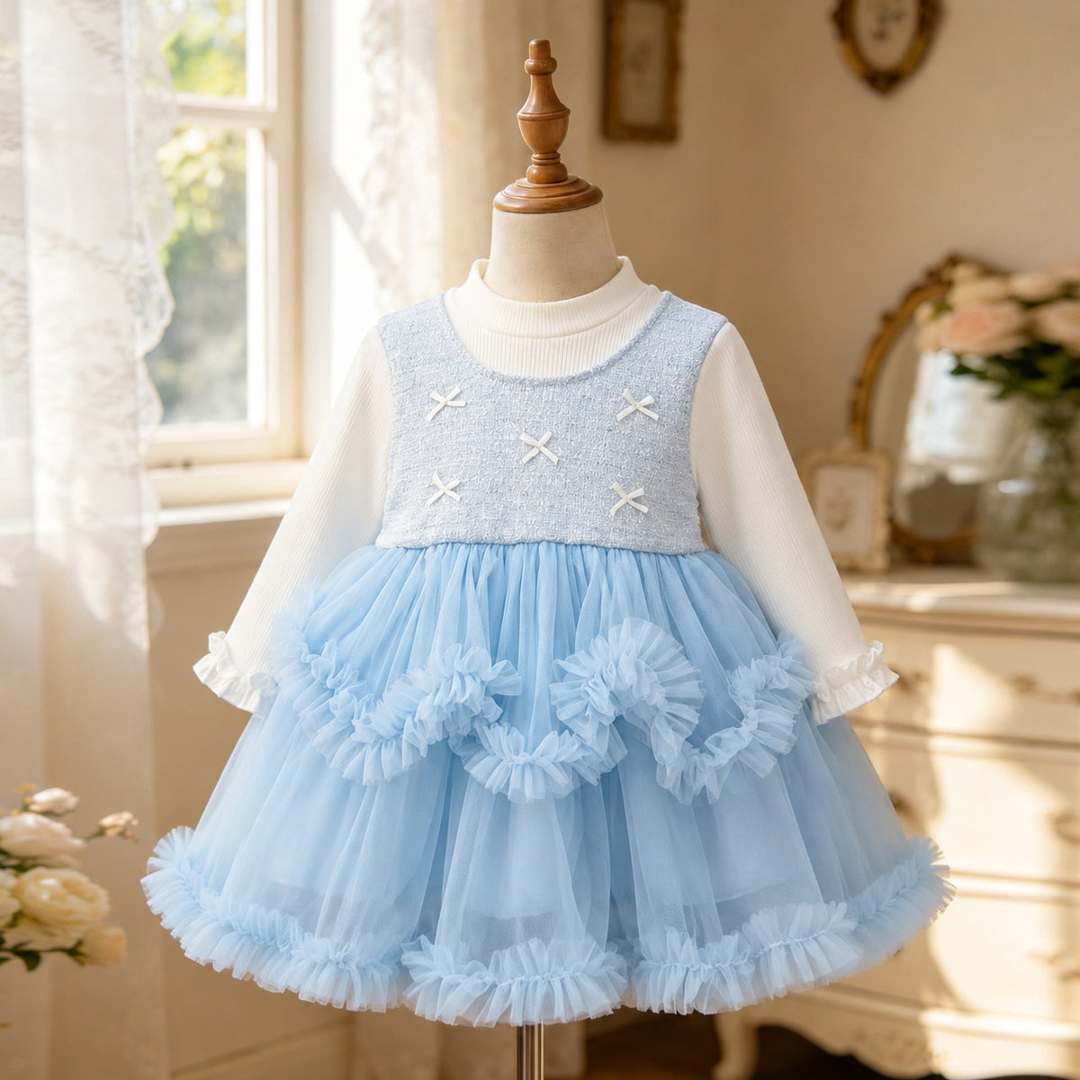 Sky Blue Pearl Bow Ruffle Tulle Frock – TYM-CXM-096