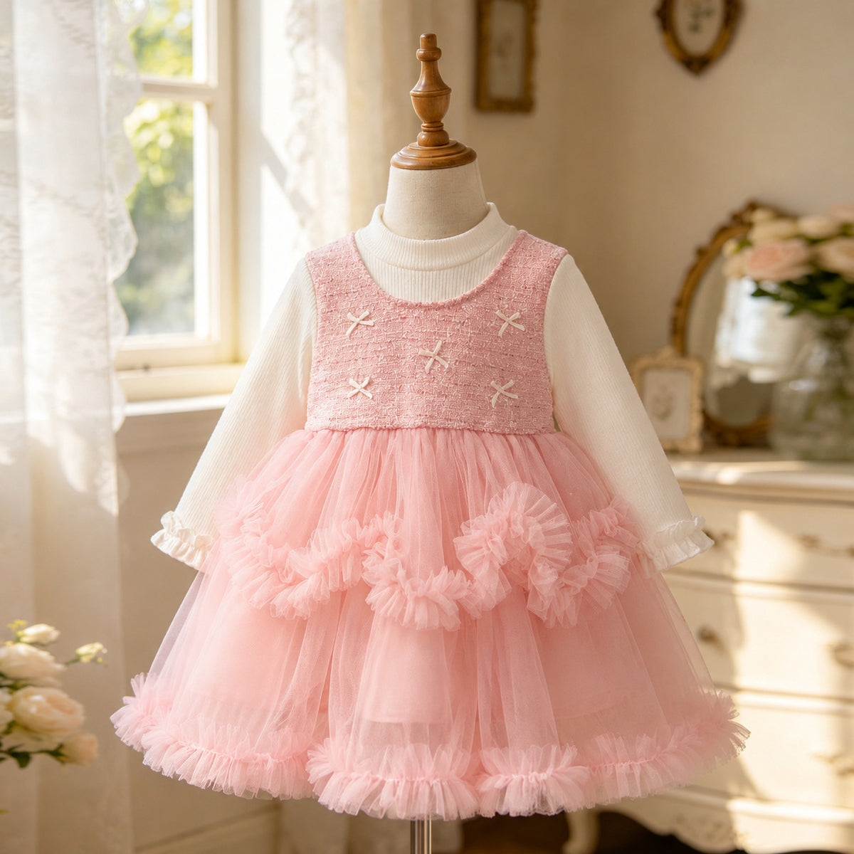 Pink Pearl Bow Ruffle Tulle Frock – TYM-CXM-097