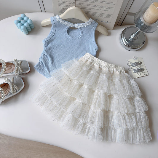 Blue Ribbed Top and White Tiered Tulle Skirt Set – TYM-YWL-017