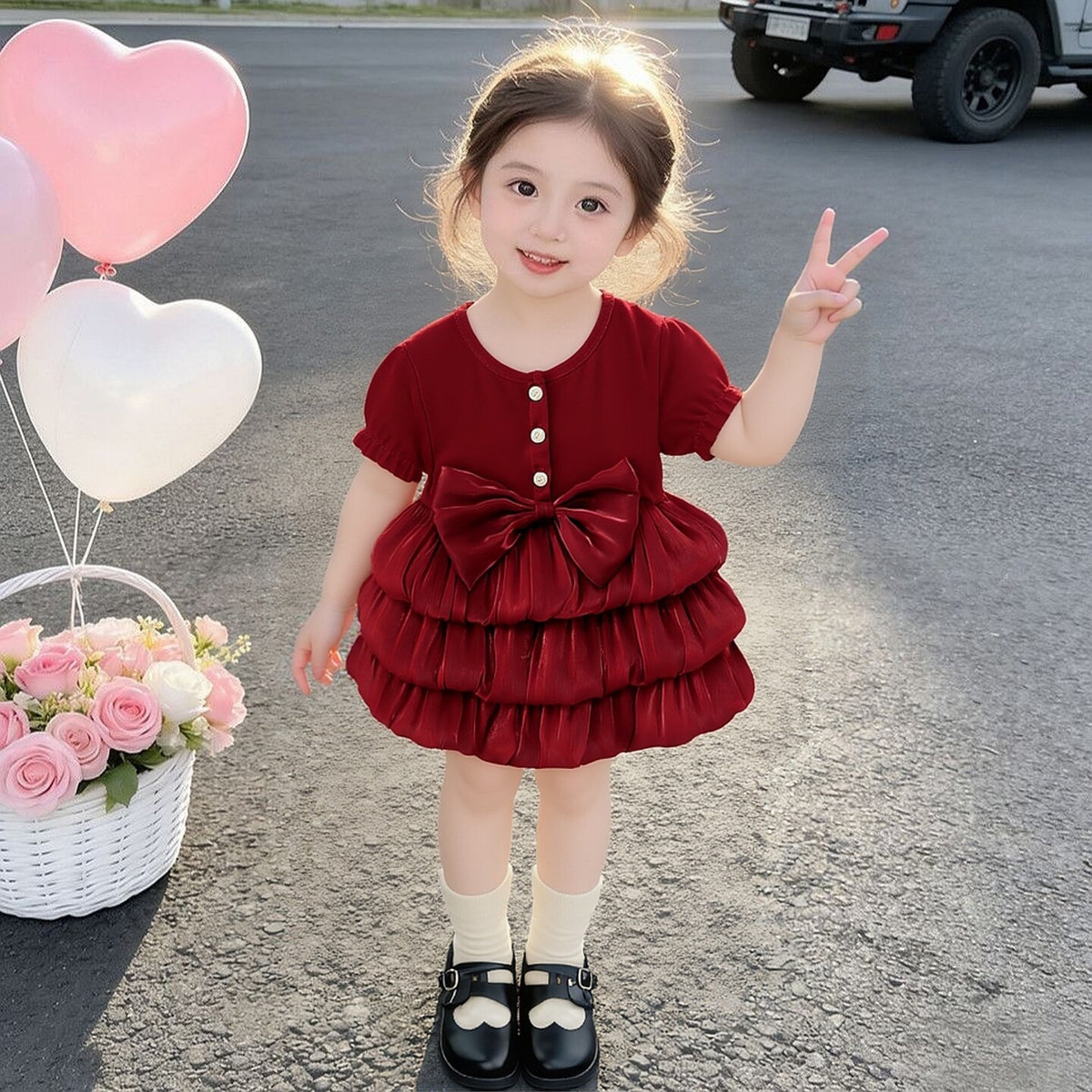 Cherry Red Ruffle Bow Frock – TYM-CXM-003