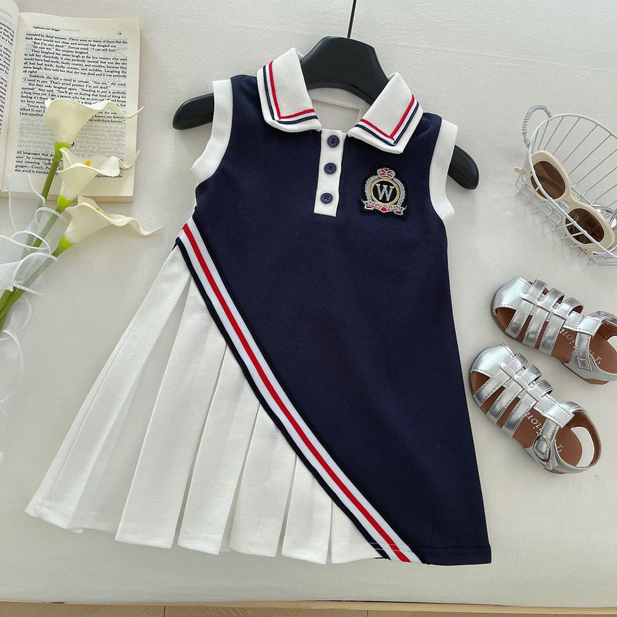 Navy and White Pleated Big Bow Frock – TYM-YWL-024