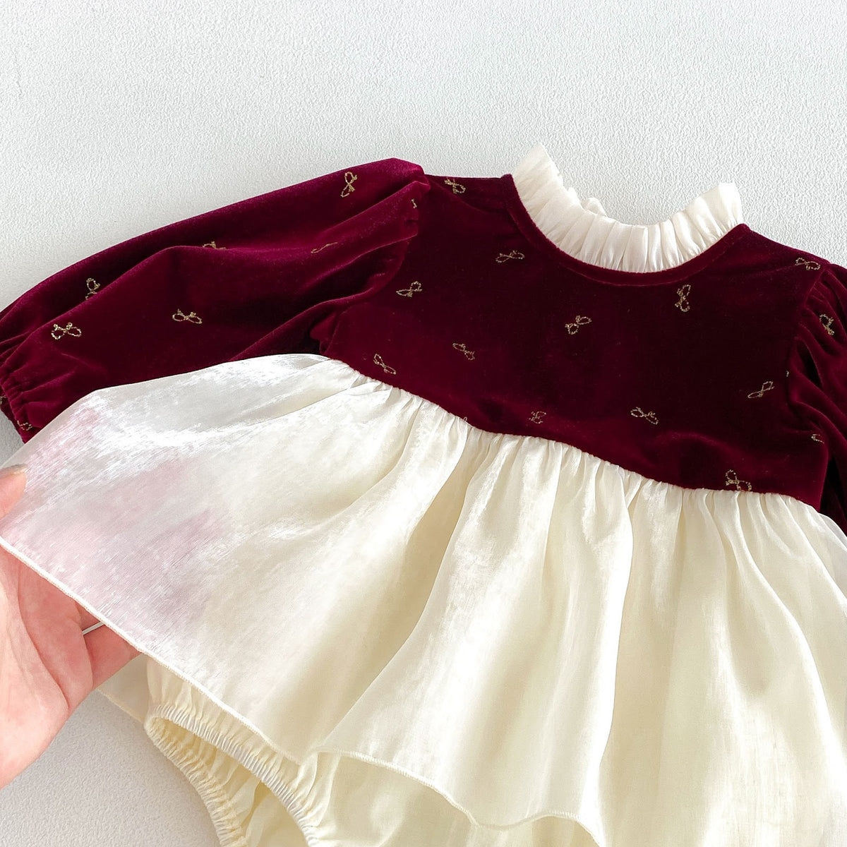 Wine Red Velvet Bow Print Skirted Romper – TYM-FCN-006