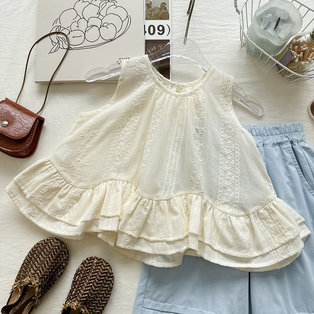 Cream Embroidered Ruffle Top and Blue Shorts Set – TYM-YWL-028