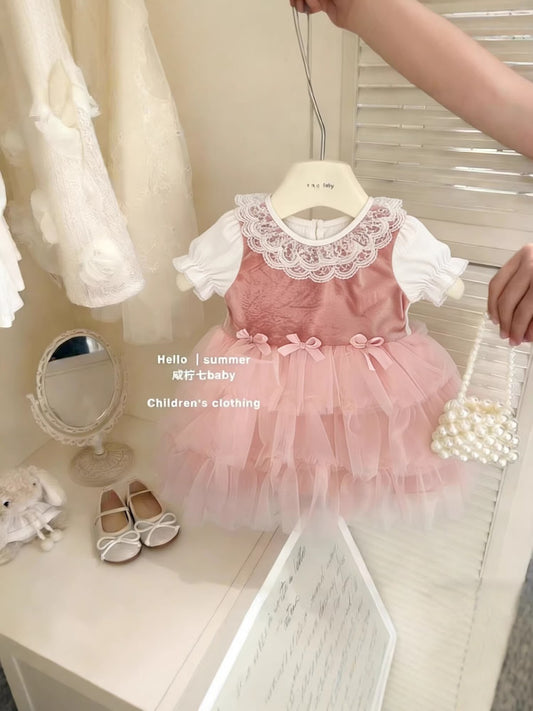 Dusty Pink Lace Collar Tulle Frock – TYM-CXM-027