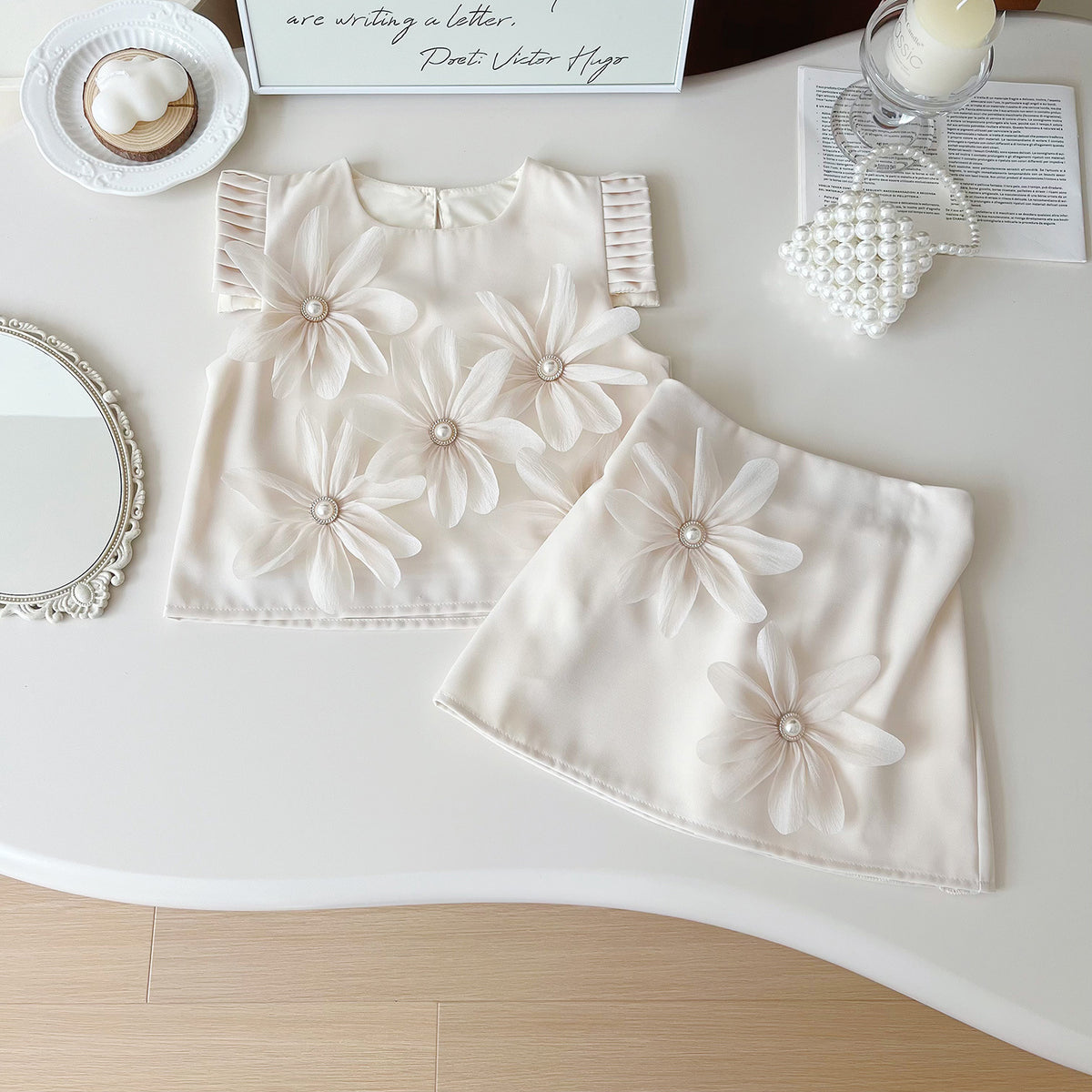 Cream 3D Pearl Flower Top and Skirt Set – TYM-YWL-026