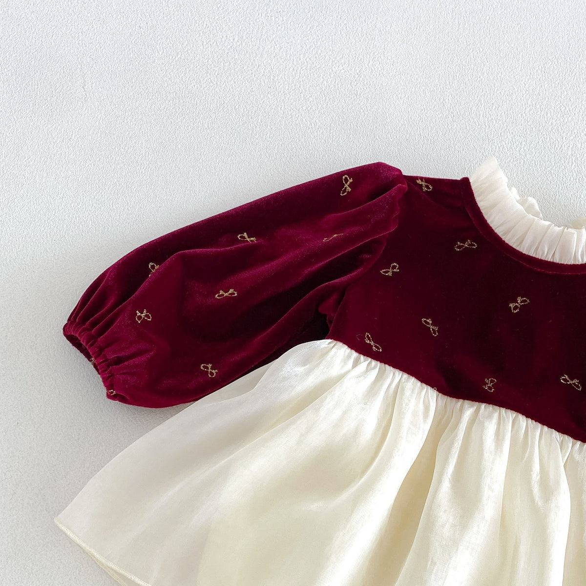 Wine Red Velvet Bow Print Skirted Romper – TYM-FCN-006