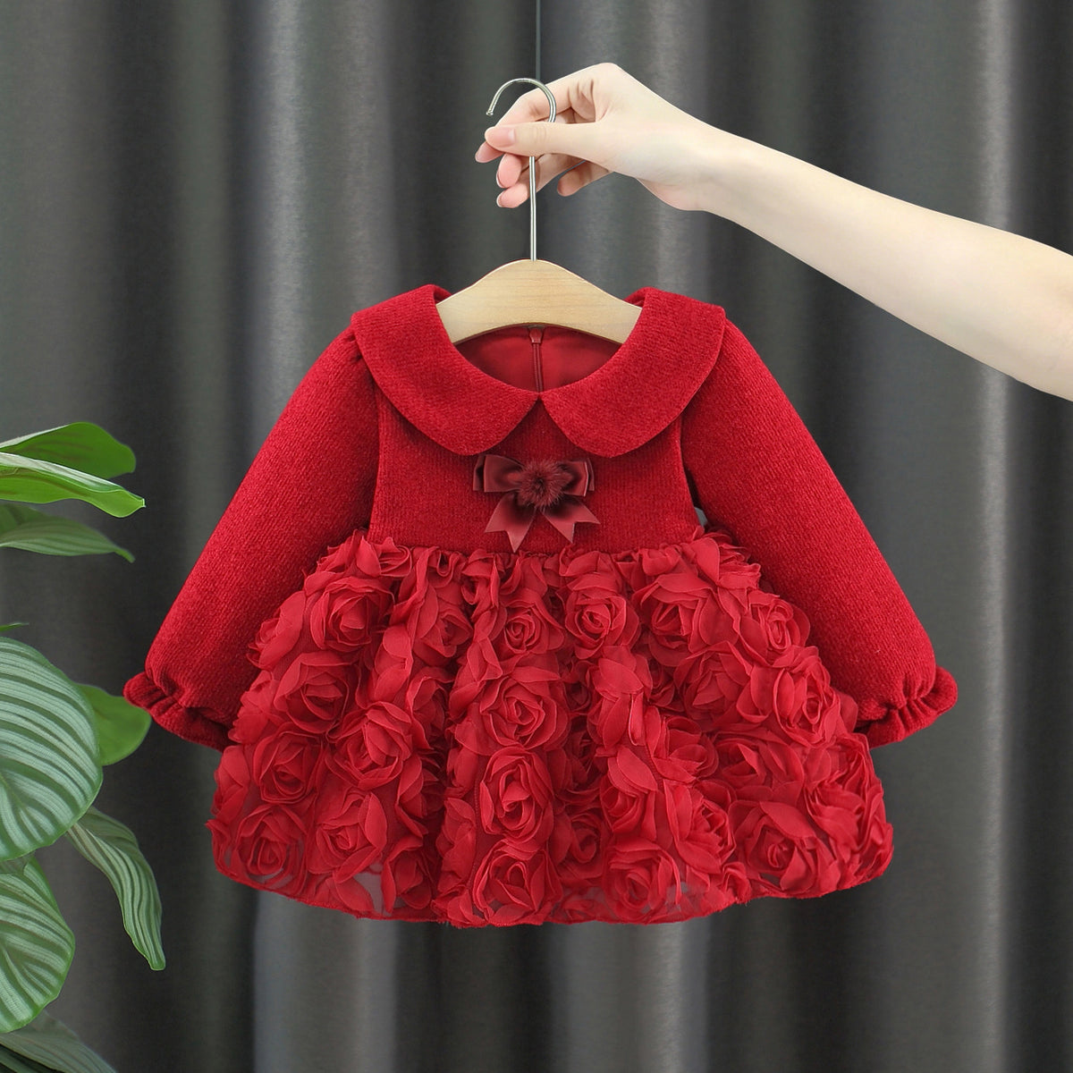 Red Rosette Long Sleeve Winter Frock – TYM-WZX-059