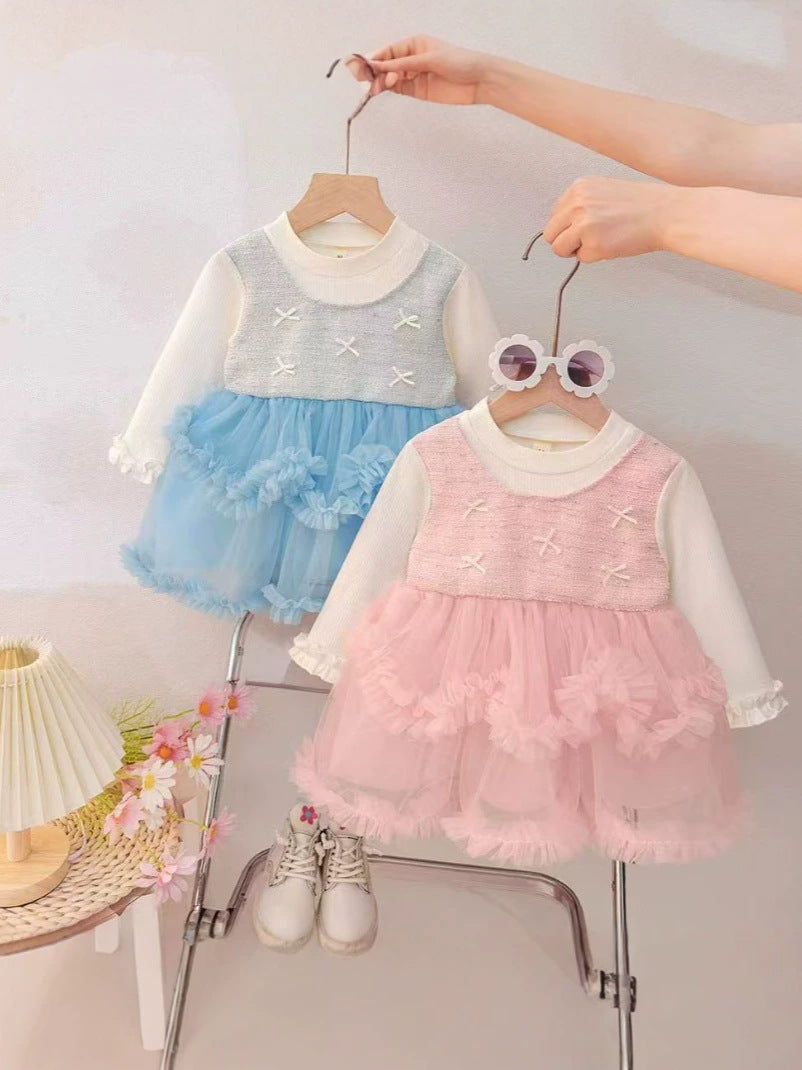 Sky Blue Pearl Bow Ruffle Tulle Frock – TYM-CXM-096