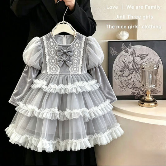 Silver Grey Lace Bow Tiered Tulle Frock – TYM-CXM-094