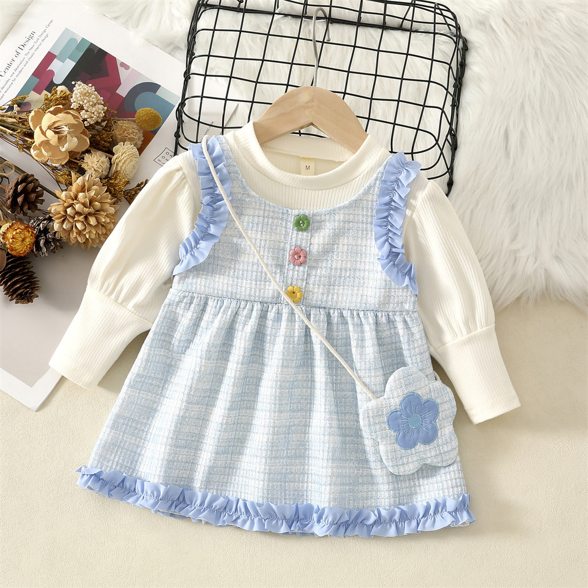 Light Blue Tweed Ruffle Pinafore Frock – TYM-WZX-069