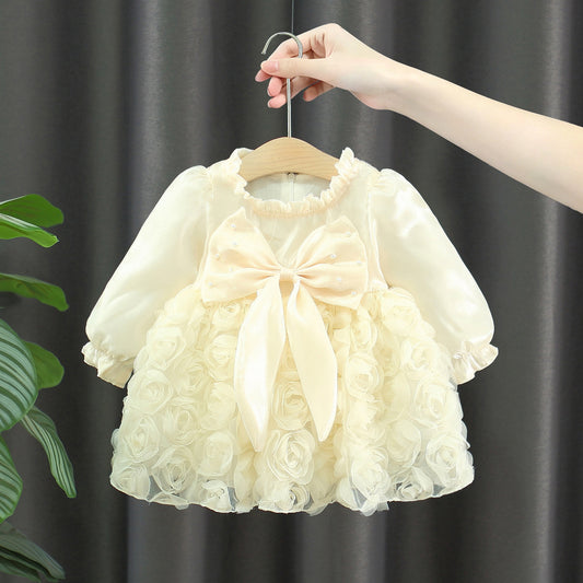 Cream Rosette Pearl Bow Long Sleeve Frock – TYM-WZX-066