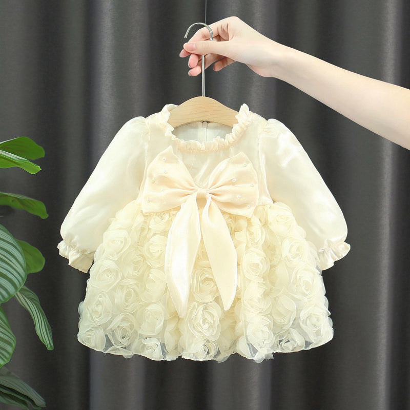 Cream Rosette Pearl Bow Long Sleeve Frock – TYM-WZX-066