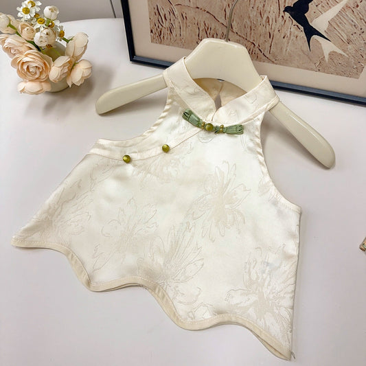 Cream Floral Mandarin Top and Green Bubble Shorts Set – TYM-YWL-021