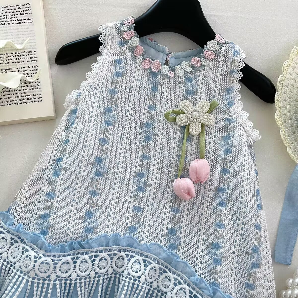 Blue Floral Lace Pearl Flower Frock – TYM-YWL-009