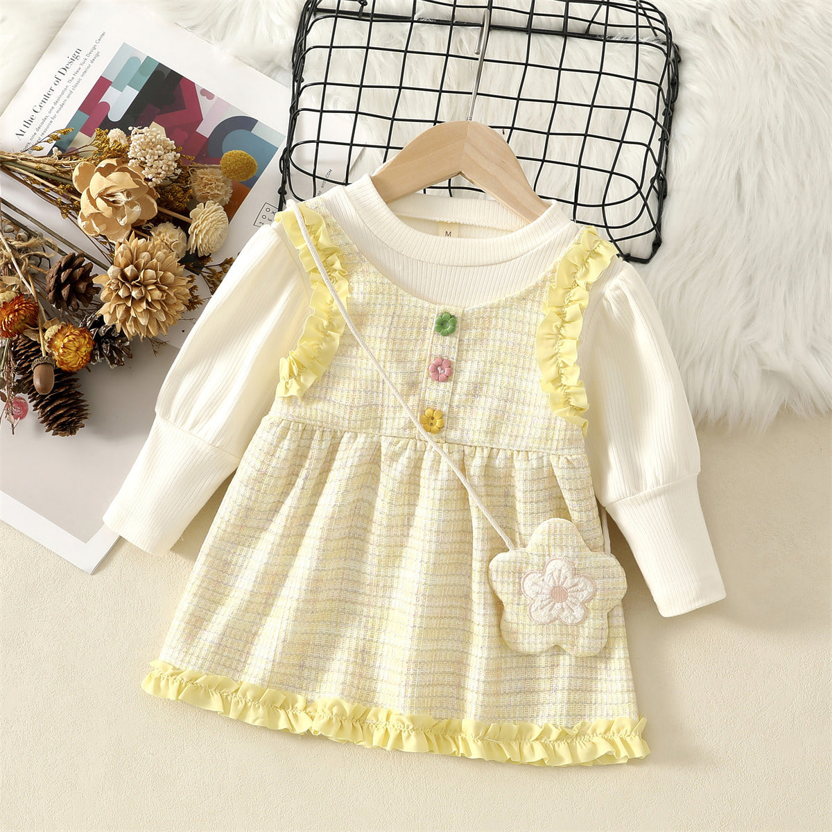 Lemon Yellow Tweed Ruffle Pinafore Frock – TYM-WZX-071