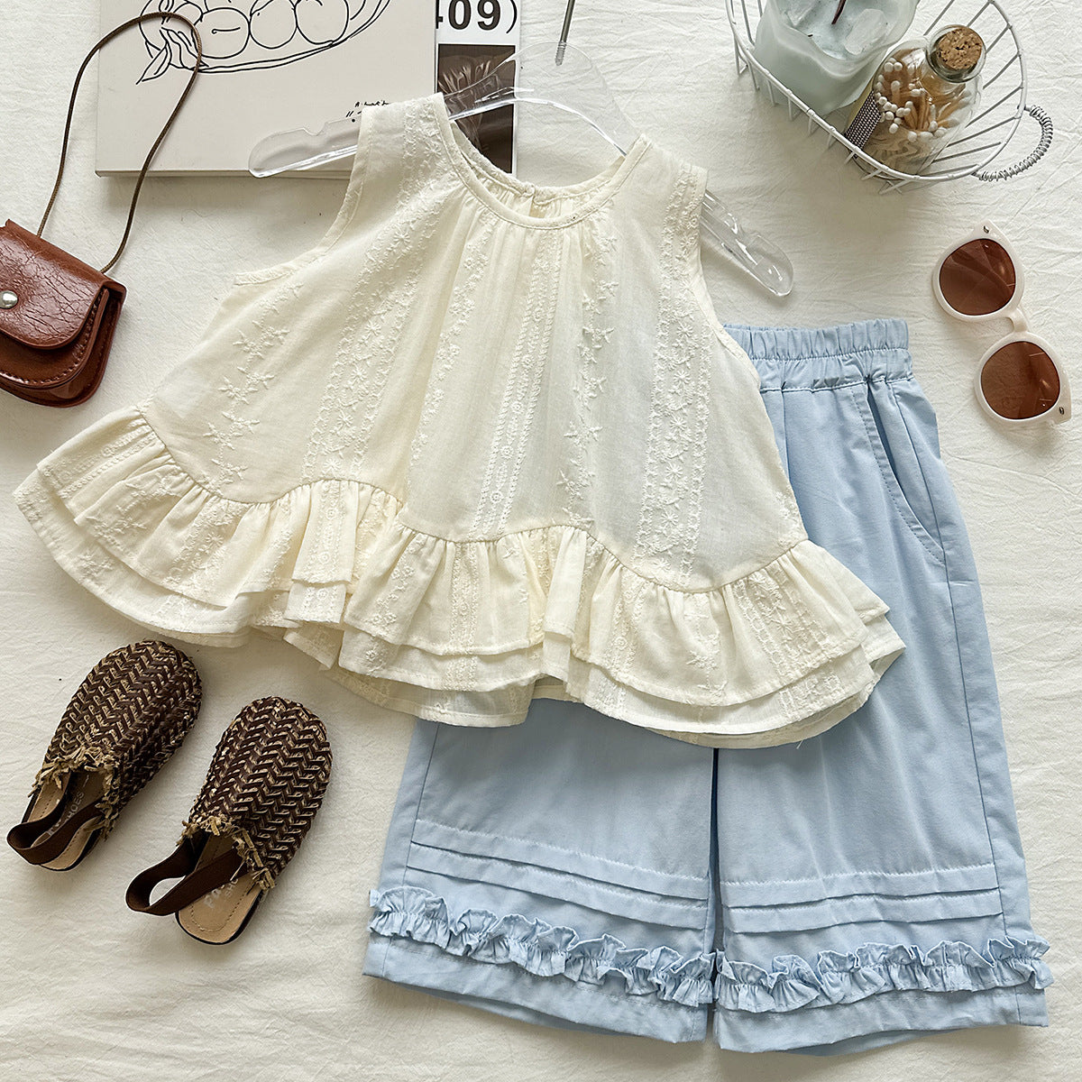Cream Embroidered Ruffle Top and Blue Shorts Set – TYM-YWL-028