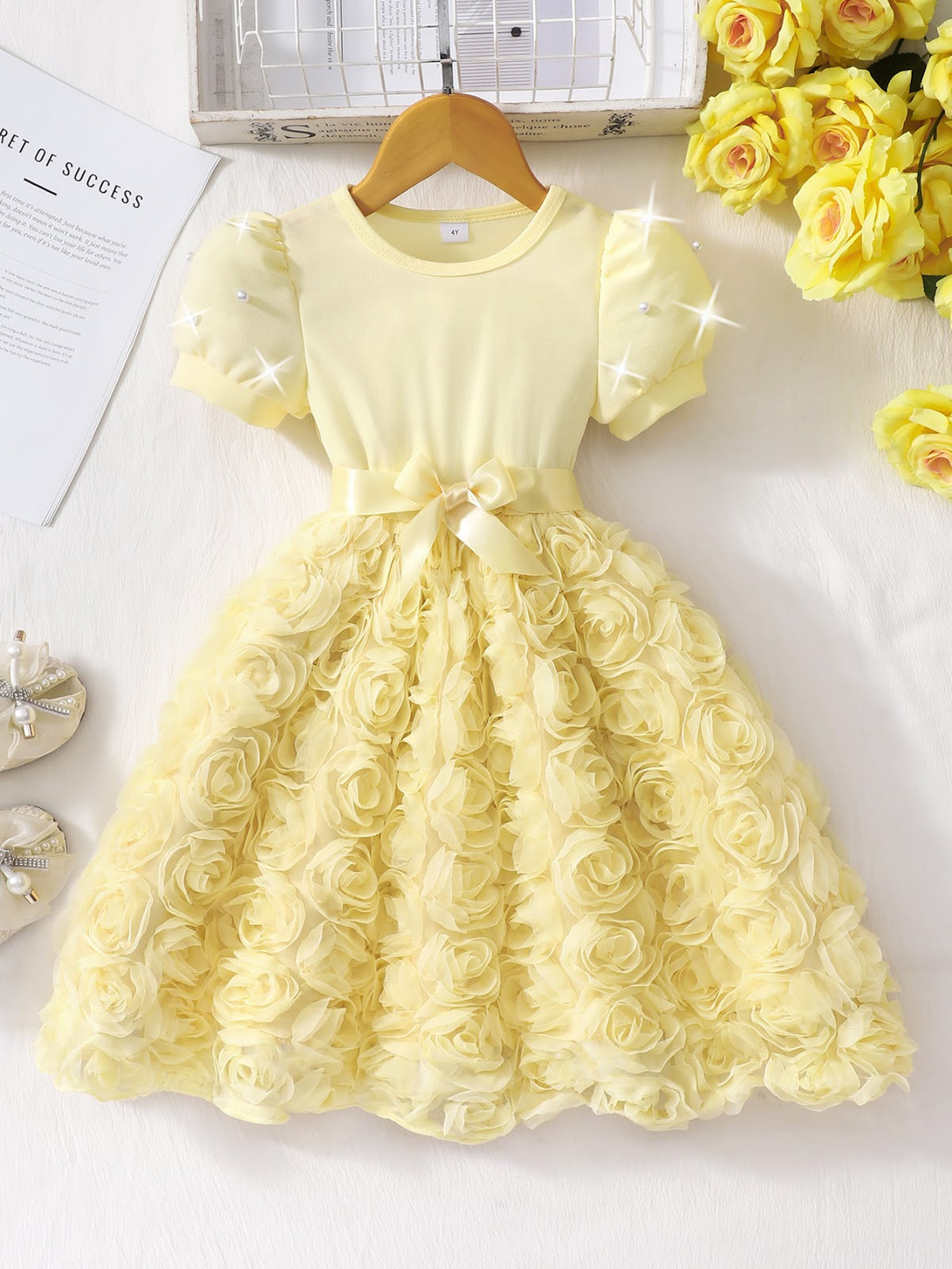 Lemon Yellow Pearl Sleeve Rosette Skirt Frock – TYM-SZL-012