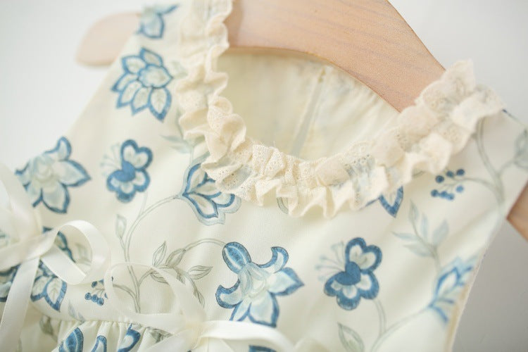 Cream Blue Floral Embroidered Sleeveless Frock – TYM-TZO-021
