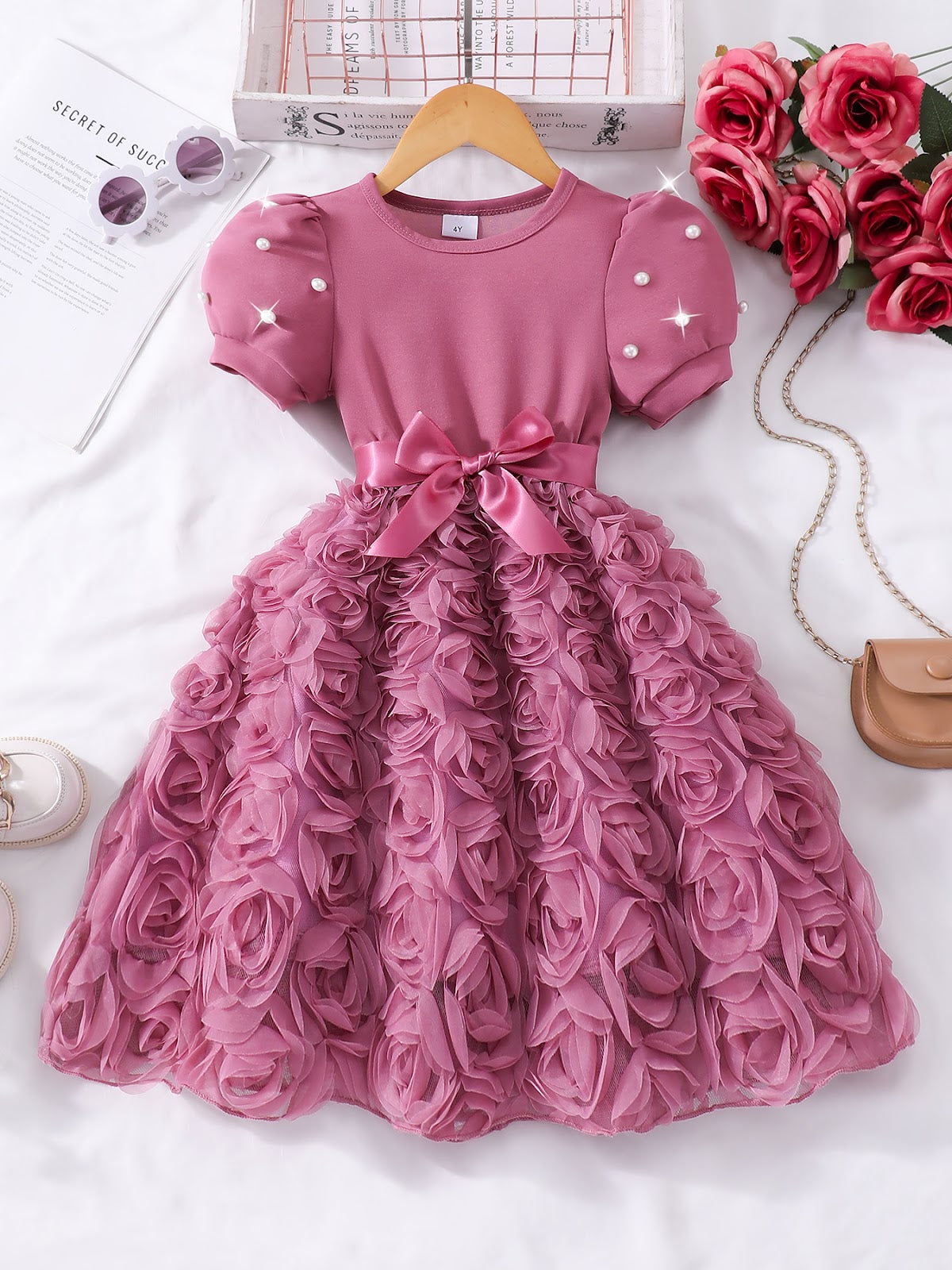 Mauve Pink Pearl Sleeve Rosette Skirt Frock – TYM-SZL-009