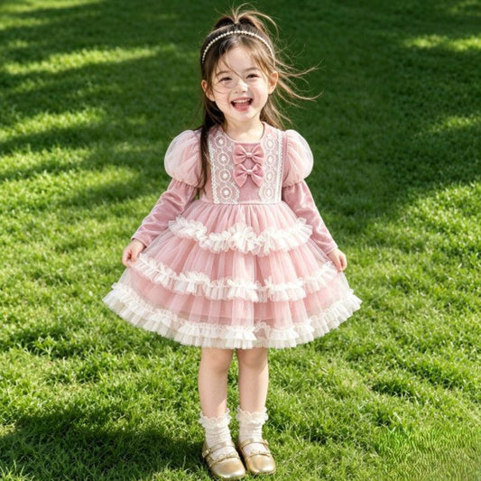 Dusty Pink Lace Bow Tiered Tulle Frock – TYM-CXM-095