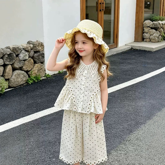 Cream Polka Dot Lace Collar Top and Pants Set – TYM-YWL-046