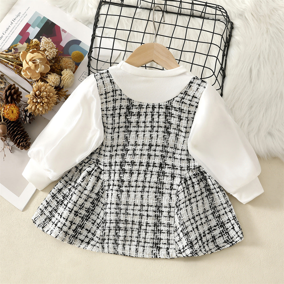 White Tweed Pearl Bow Long Sleeve Frock – TYM-WZX-047