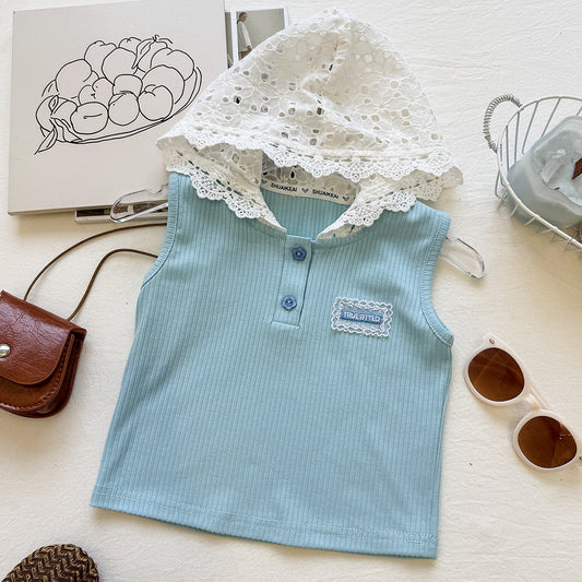 Aqua Blue Ribbed Top with Eyelet Lace Hood – TYM-YWL-013